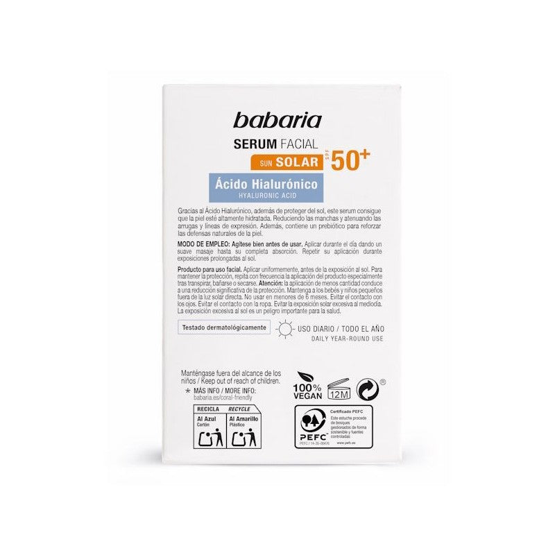 Babaria Sérum Solaire Visage à l'Acide Hyaluronique SPF 50+
